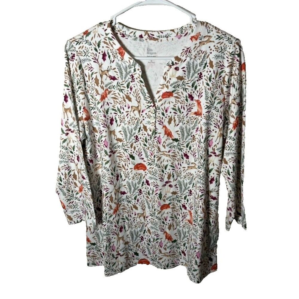 Kim Rogers T-Shirt Women's Medium Perfectly Soft V-Neck 3/4 Sleeve Top Shirt